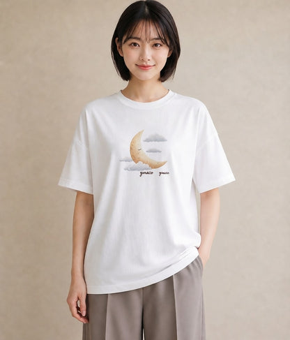 半袖Tシャツ レディース 三日月 星空 宇宙 イラスト モード ビーチ デイリーウェア 白T YMAZO