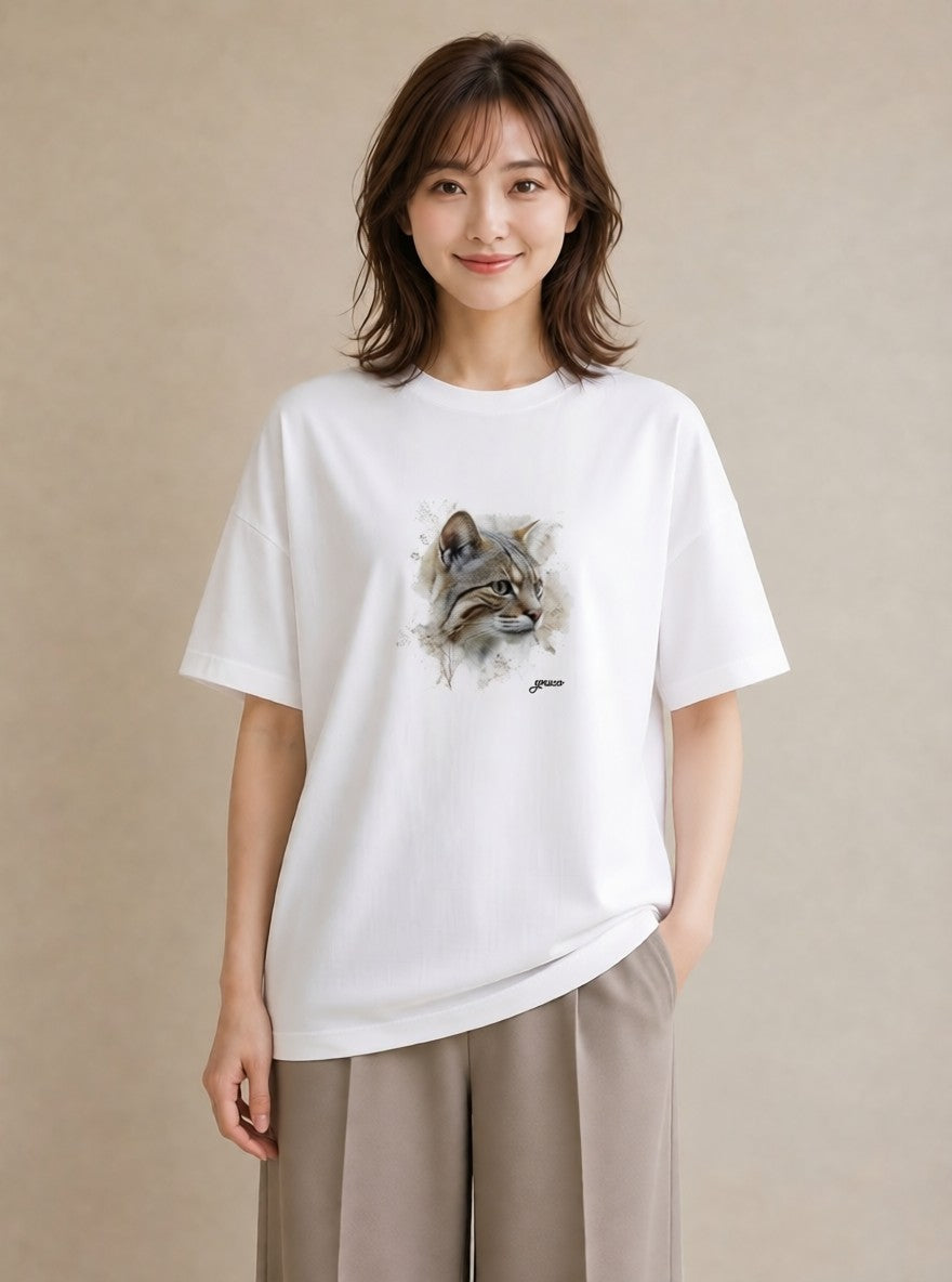 プリントTシャツ レディース キジトラ 猫 ねこ イラスト 個性的 ラフ レイヤード 白T YMAZO