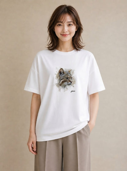 プリントTシャツ レディース キジトラ 猫 ねこ イラスト 個性的 ラフ レイヤード 白T YMAZO