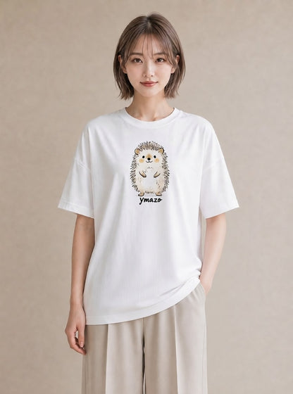半袖Tシャツ レディース ハリネズミ ペット 動物 イラスト カジュアル 友達ギフト 部屋着 白T YMAZO