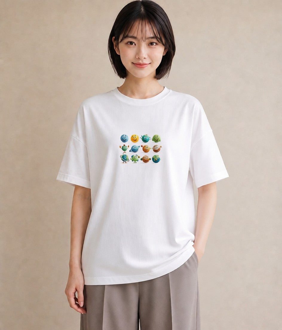 グラフィックTシャツ レディース 惑星 星空 宇宙 イラスト こなれ感 春服 ミセス 白T YMAZO