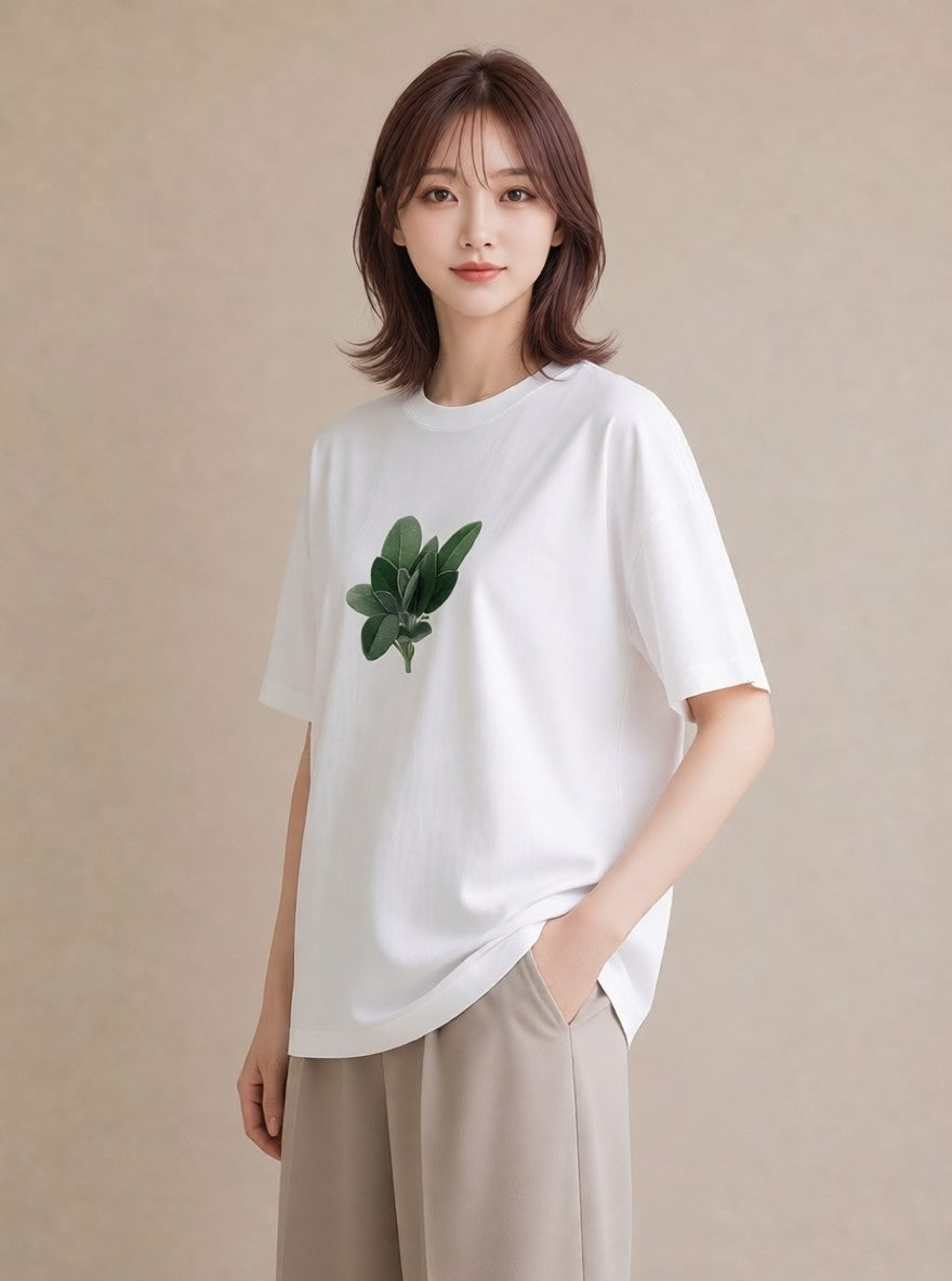 デザインTシャツ レディース ハーブ 植物 ボタニカル イラスト 水彩風 春服 ミセス 白T YMAZO