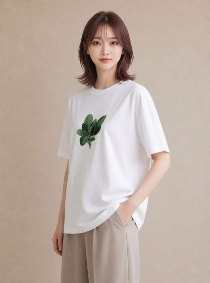 デザインTシャツ レディース ハーブ 植物 ボタニカル イラスト 水彩風 春服 ミセス 白T YMAZO
