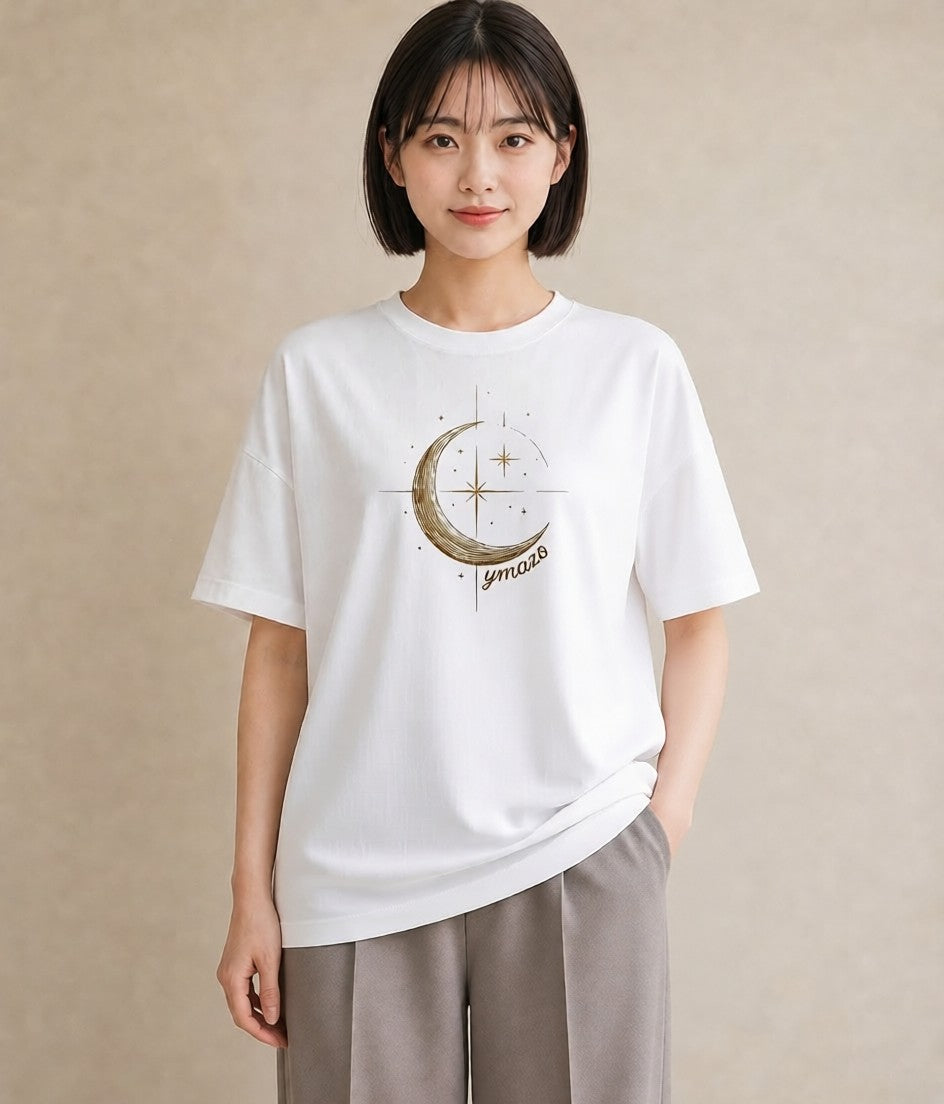 Tシャツ レディース 月と星 星空 ムーン イラスト シック お出かけ 普段着 白T YMAZO