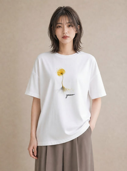 グラフィックTシャツ レディース たんぽぽ 花 花柄 イラスト ヴィンテージ風 誕生日プレゼント 綿100 白T YMAZO