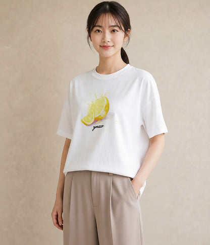 プリントTシャツ レディース レモン 檸檬 食べ物 フード イラスト シック 女子会 お揃い 白T YMAZO