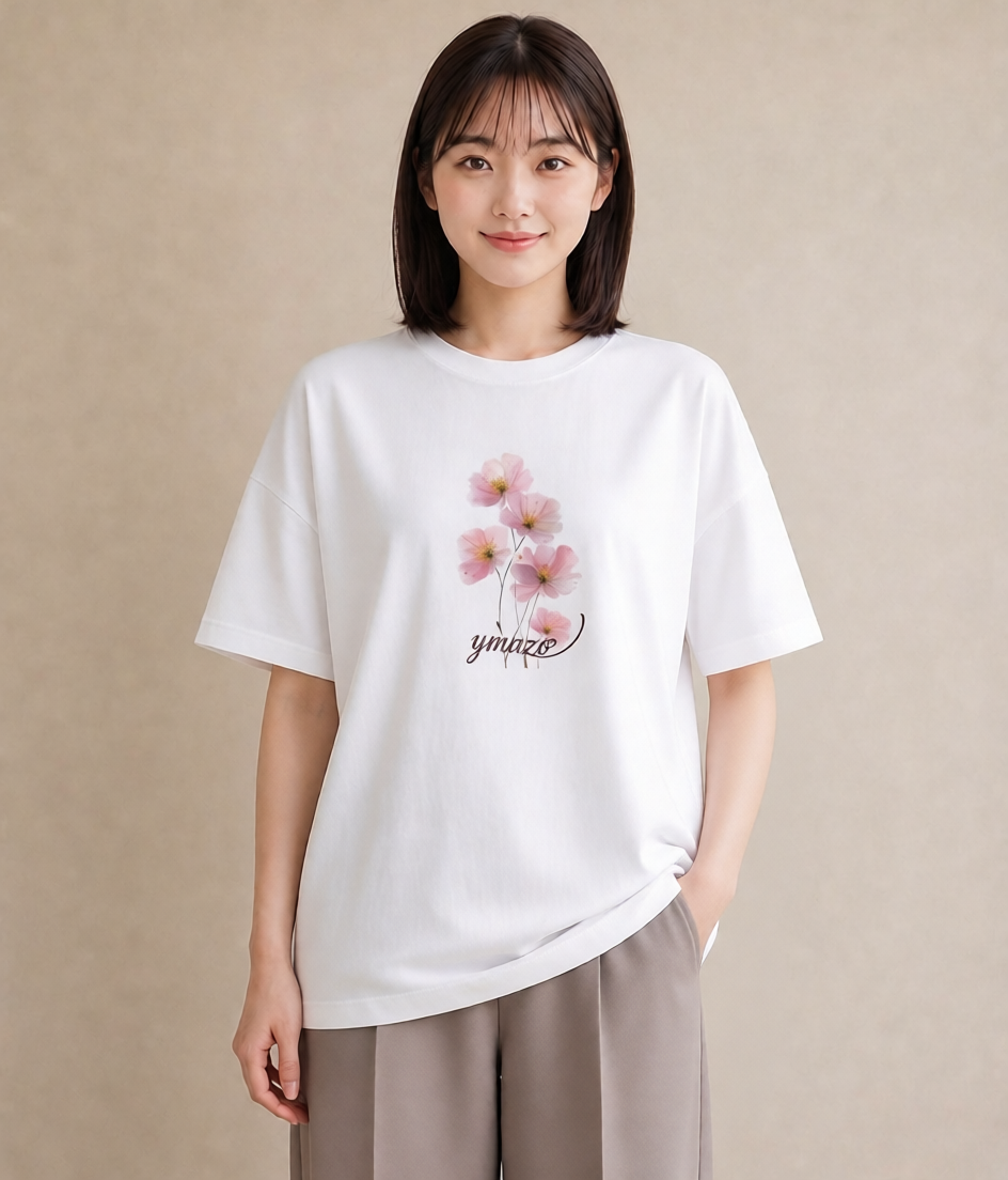 デザインTシャツ レディース コスモス 秋桜 花 花柄 イラスト 北欧風 帰省 ラフ 白T YMAZO