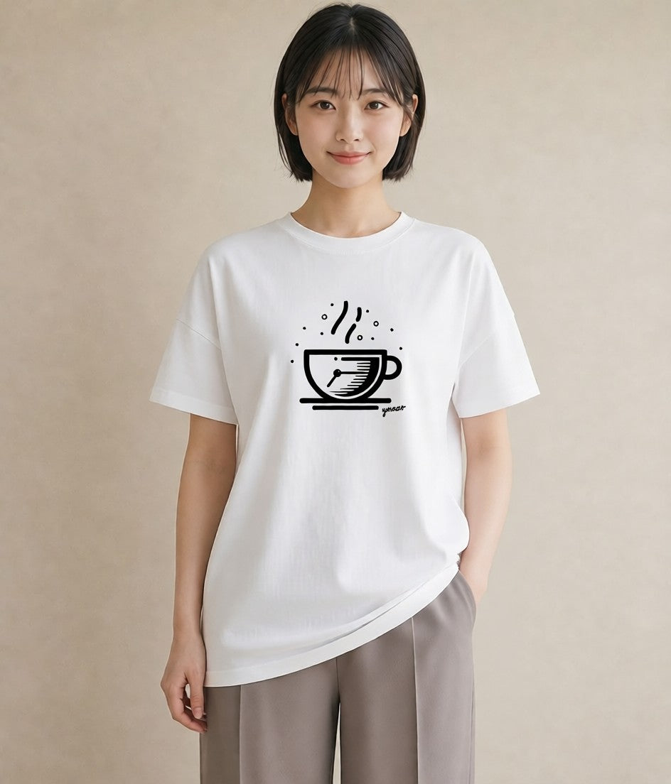半袖Tシャツ レディース コーヒー カフェ 珈琲 イラスト 手描き風 普段着 週末コーデ 白T YMAZO