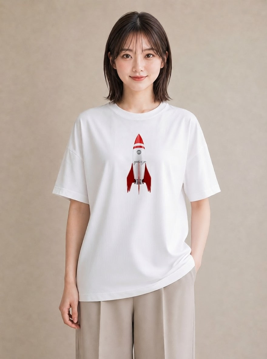 Tシャツ レディース ロケット 星空 宇宙 イラスト カフェコーデ 親子 20代 白T YMAZO