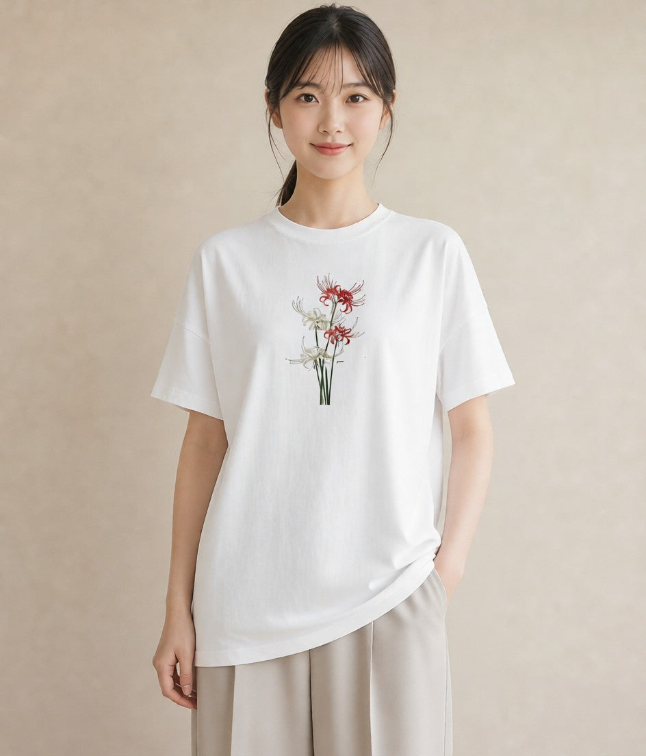 デザインTシャツ レディース 彼岸花 花 花柄 イラスト ナチュラル 在宅 公園 白T YMAZO