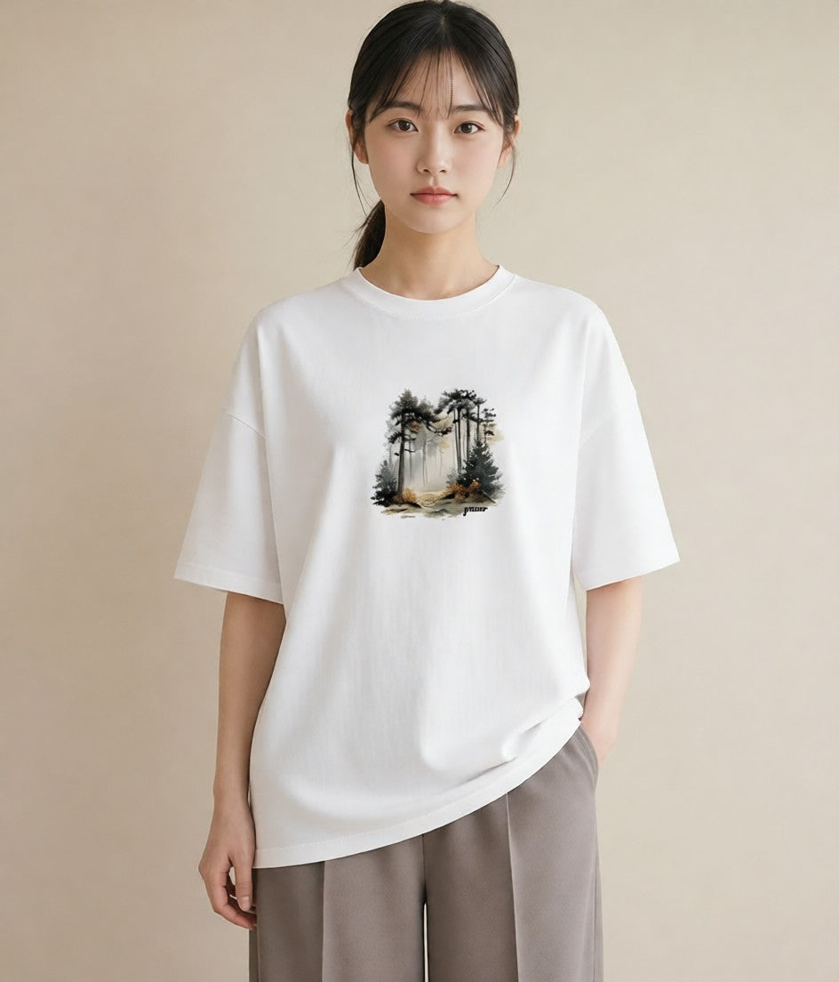 Tシャツ レディース 雨上がりの小道 雨上がり 小道 ナチュラル アンティーク イラスト 可愛い 春コーデ 姉妹 白T YMAZO