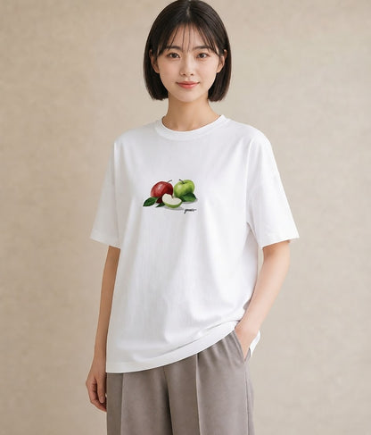 半袖Tシャツ レディース りんご 林檎 アップル 食べ物 フード イラスト 通学 誕生日プレゼント 白T YMAZO