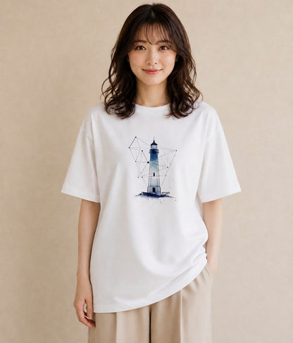 Tシャツ レディース 灯台 霧 海 ナチュラル アンティーク イラスト ラフカジュアル カフェ巡り 女子会 白T YMAZO