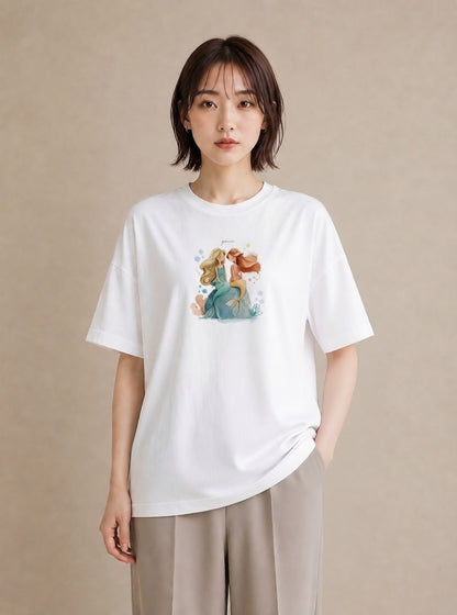 プリントTシャツ レディース 人魚 海の生き物 海 イラスト 韓国風 帰省 ラフ 白T YMAZO