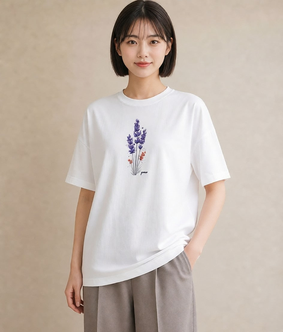 Tシャツ レディース ラベンダー 花 花柄 イラスト ミニマル ラフ レイヤード 白T YMAZO