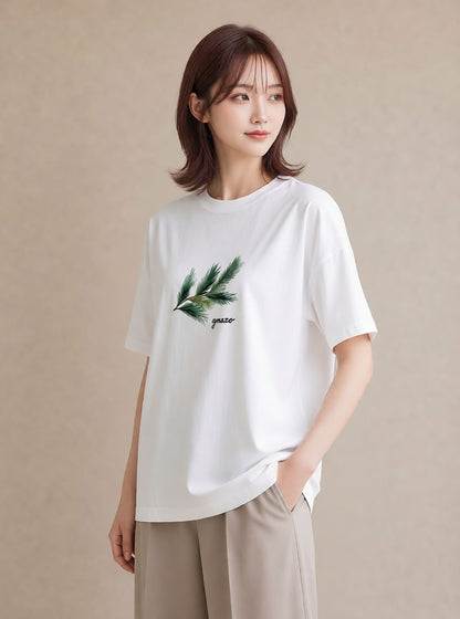 Tシャツ レディース 松ぼっくり 植物 ボタニカル イラスト 韓国風 親子 20代 白T YMAZO