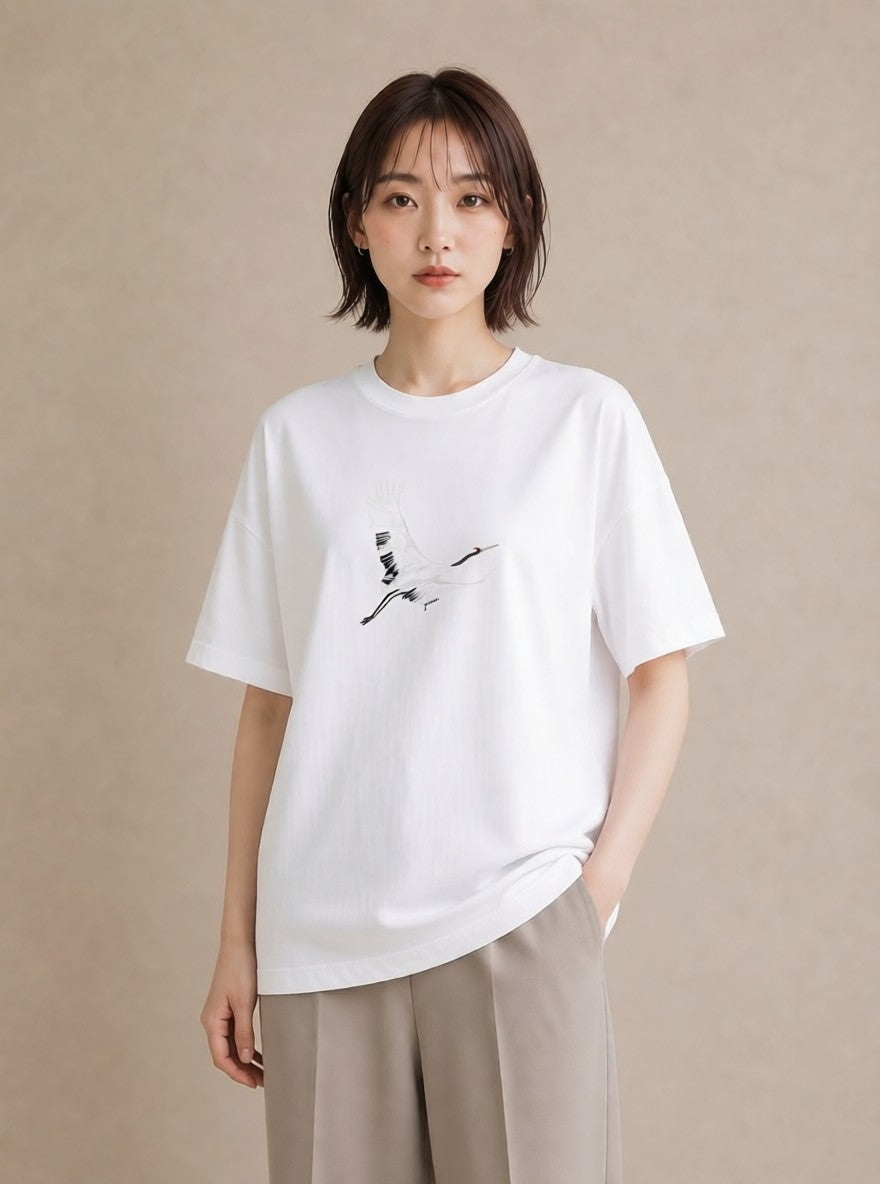 グラフィックTシャツ レディース 折り鶴 折り紙 ナチュラル アンティーク イラスト 個性的 ラフ レイヤード 白T YMAZO