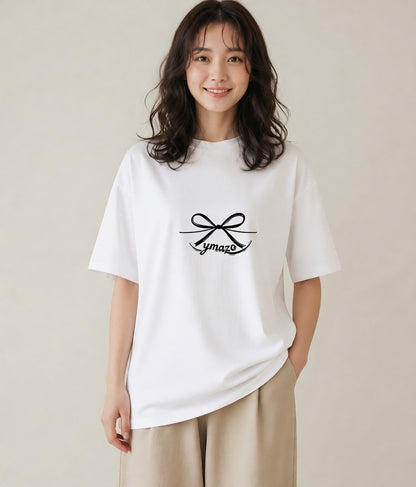 半袖Tシャツ レディース リボン ボウ りぼん イラスト 線画 自分用 ルームウェア 白T YMAZO