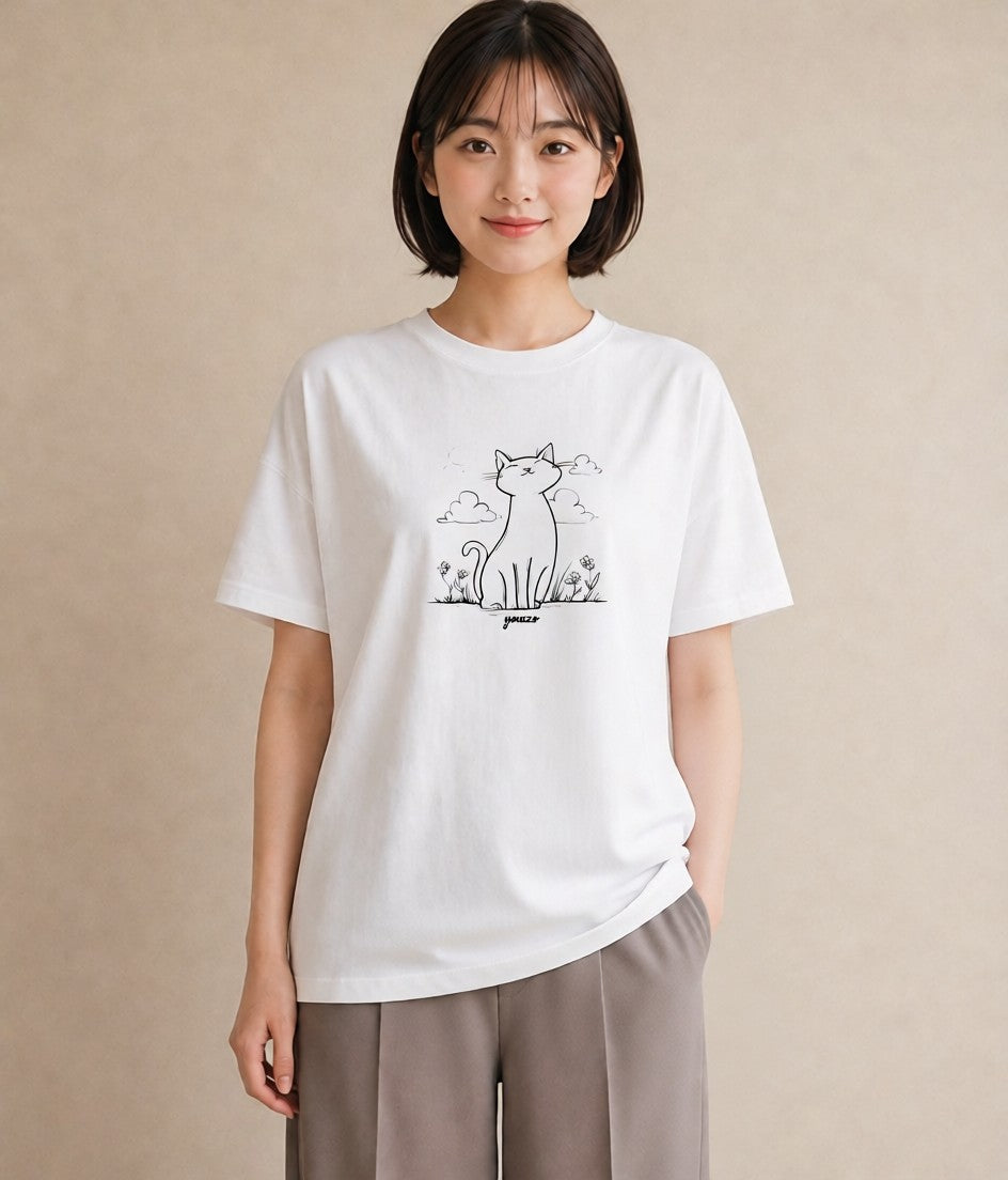 プリントTシャツ レディース 猫 ねこ ネコ イラスト モード 女性 旅行用 白T YMAZO