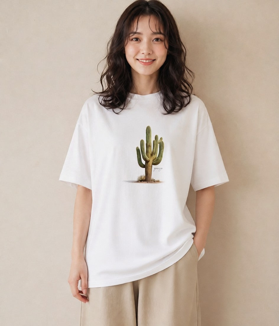 デザインTシャツ レディース サボテン 植物 ボタニカル イラスト フェミニン 買い物 夏コーデ 白T YMAZO