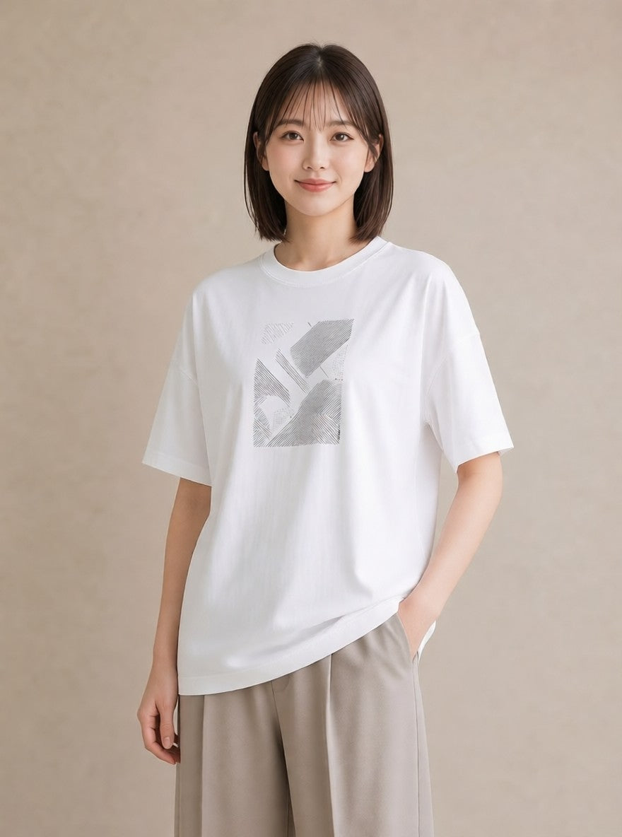 デザインTシャツ レディース 幾何学 ミニマル ジオメトリック イラスト ラフカジュアル 週末コーデ 敬老の日 白T YMAZO