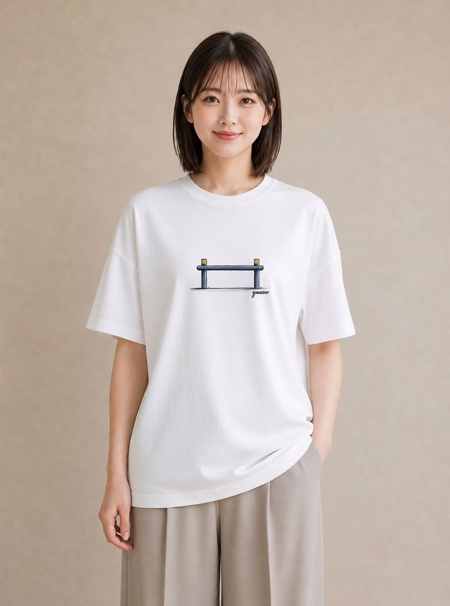 Tシャツ レディース 小川 橋 せせらぎ ナチュラル アンティーク イラスト ポップ ラフ レイヤード 白T YMAZO