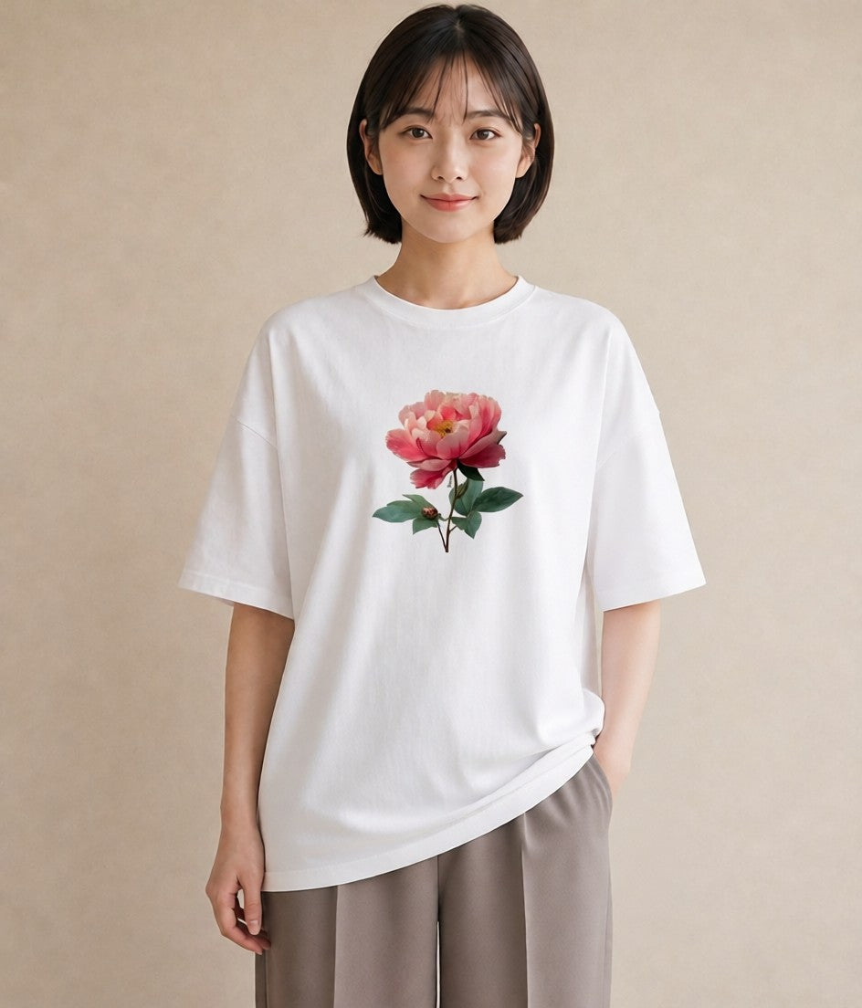 プリントTシャツ レディース 牡丹 花 花柄 イラスト こなれ感 春服 ミセス 白T YMAZO