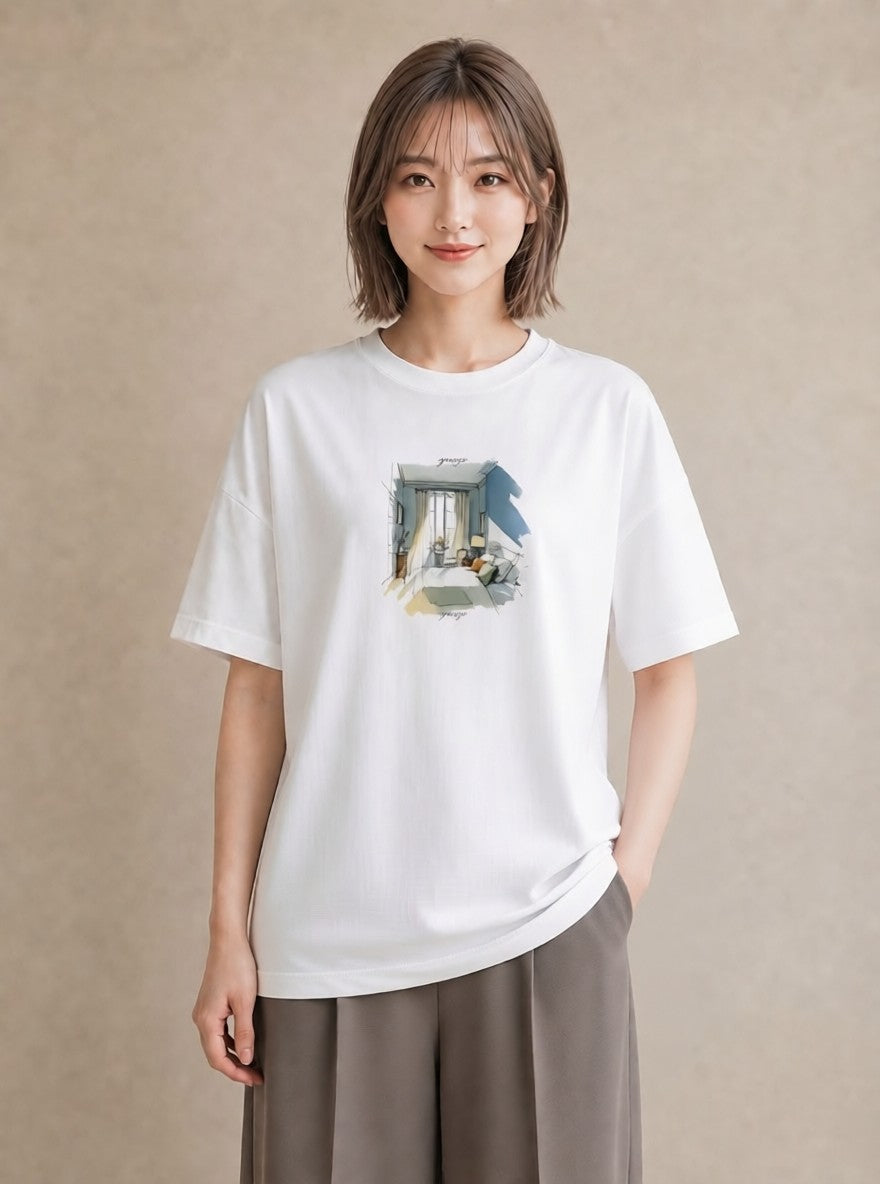 プリントTシャツ レディース 窓辺の椅子 窓辺 椅子 ナチュラル アンティーク イラスト ミニマル クリスマス 旅行 白T YMAZO