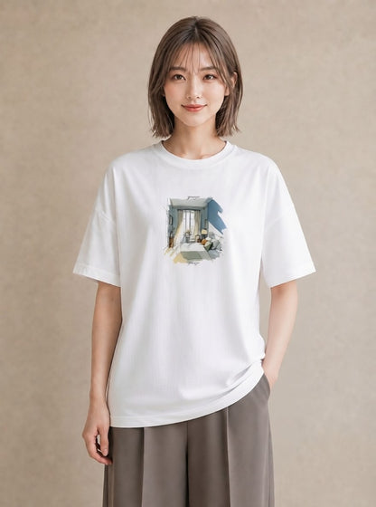 プリントTシャツ レディース 窓辺の椅子 窓辺 椅子 ナチュラル アンティーク イラスト ミニマル クリスマス 旅行 白T YMAZO