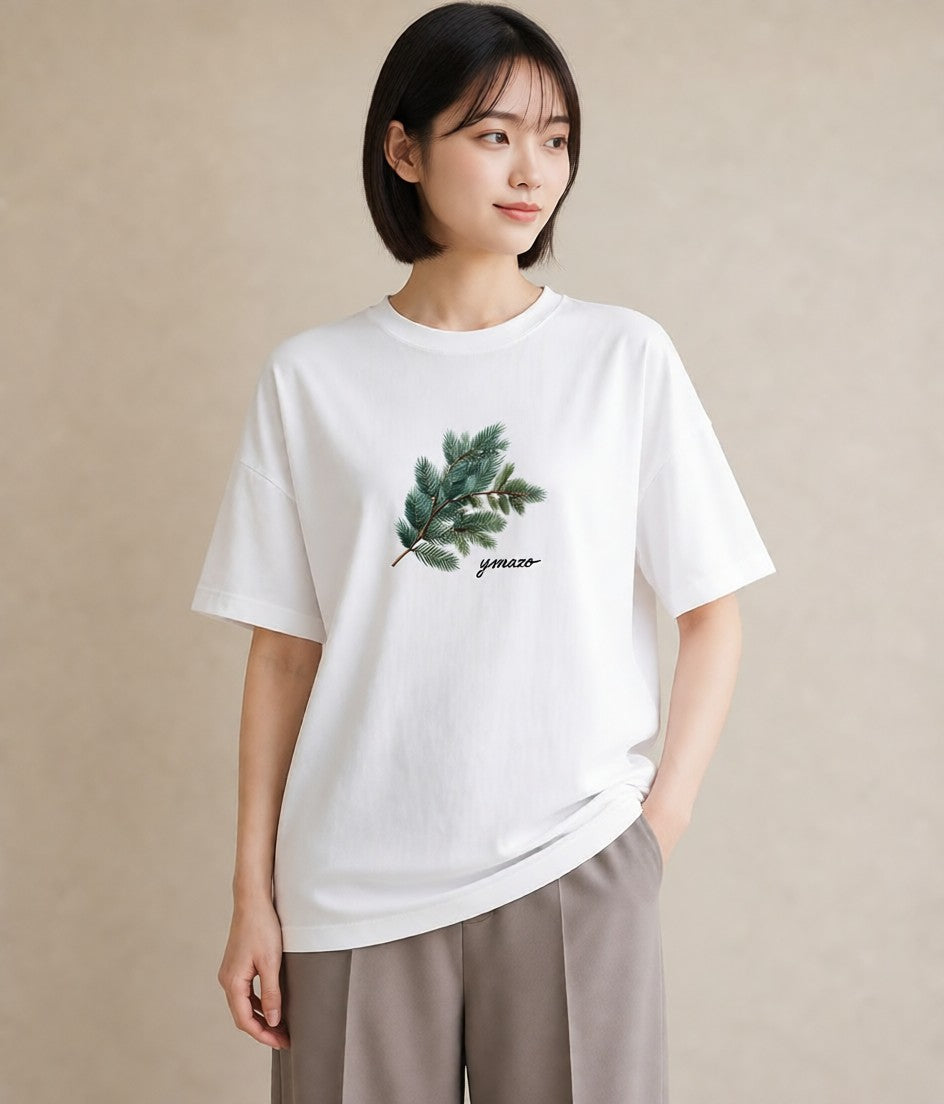 デザインTシャツ レディース 松ぼっくり 植物 ボタニカル イラスト ラフカジュアル ママ カフェ服 白T YMAZO