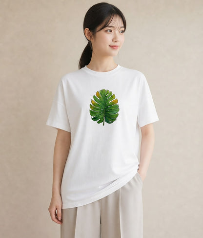 グラフィックTシャツ レディース モンステラ 植物 ボタニカル イラスト 上品 クリスマス 旅行 白T YMAZO