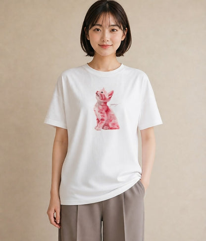 半袖Tシャツ レディース しっぽ 猫 ねこ イラスト アート風 ギフト 母の日 白T YMAZO