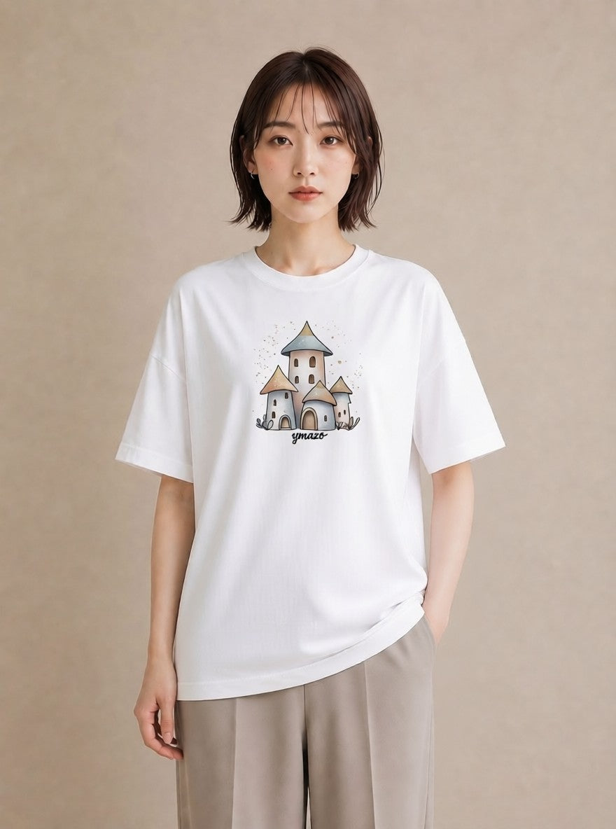 半袖Tシャツ レディース 灯りの家 小屋 夜 ナチュラル アンティーク イラスト 旅行コーデ 夏コーデ 通学 白T YMAZO