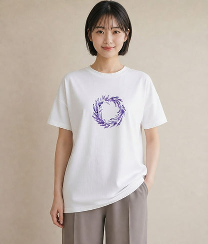 半袖Tシャツ レディース ラベンダー 花 花柄 イラスト 買い物 夏コーデ 白T YMAZO