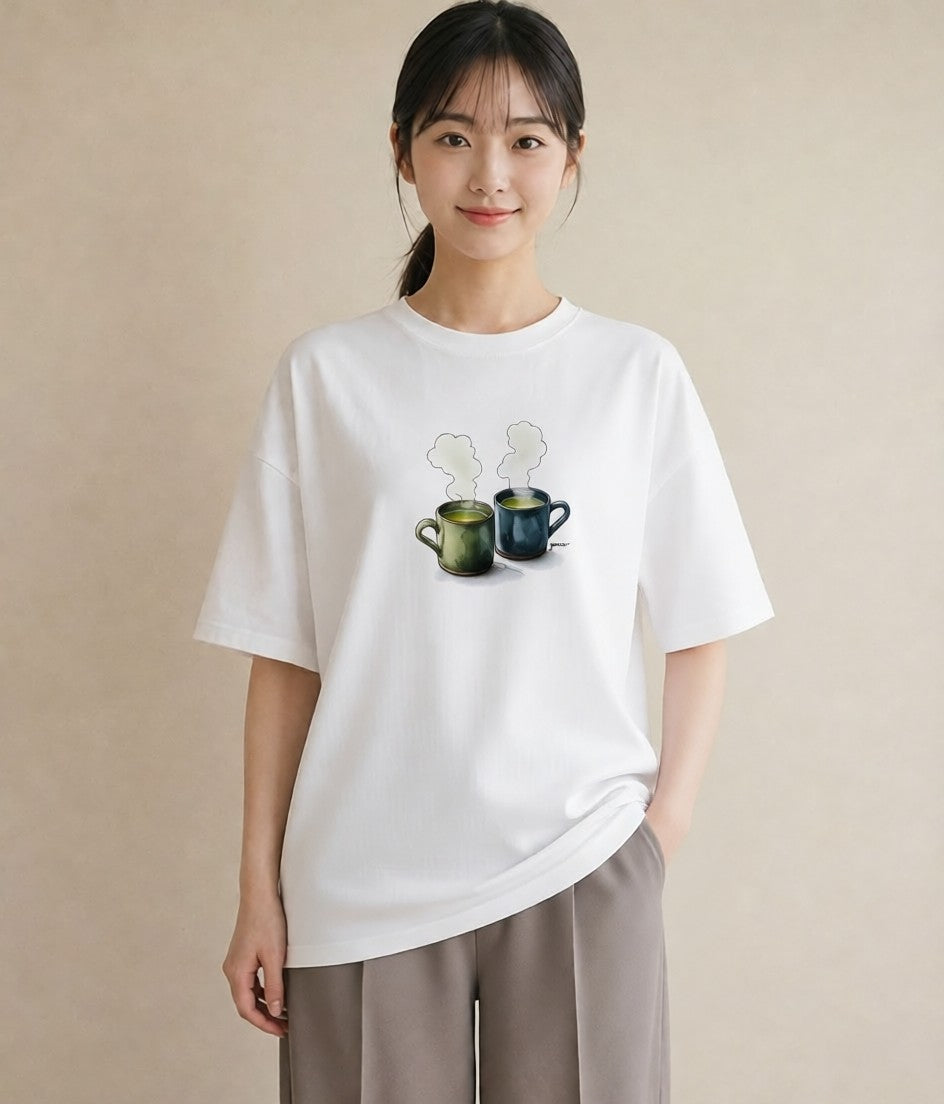 Tシャツ レディース 紅茶 食べ物 フード イラスト 線画 ミセス 春コーデ 白T YMAZO