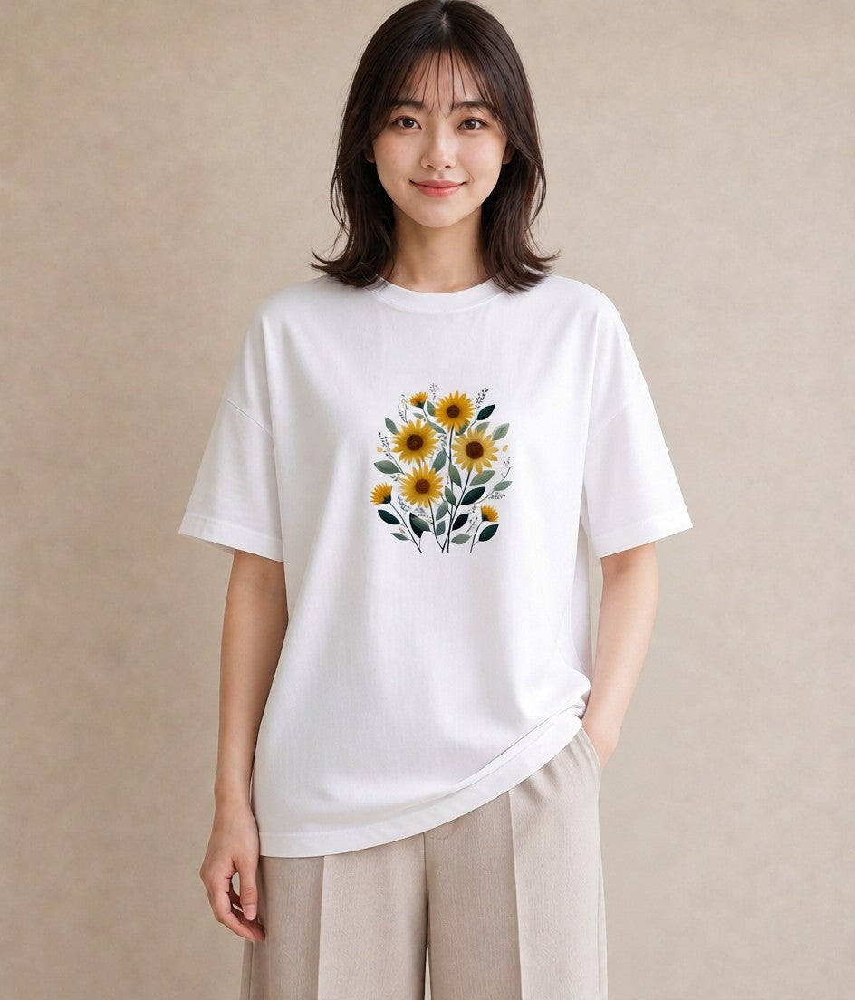 グラフィックTシャツ レディース ひまわり 向日葵 花 花柄 イラスト ミニマル 秋コーデ おしゃれギフト 白T