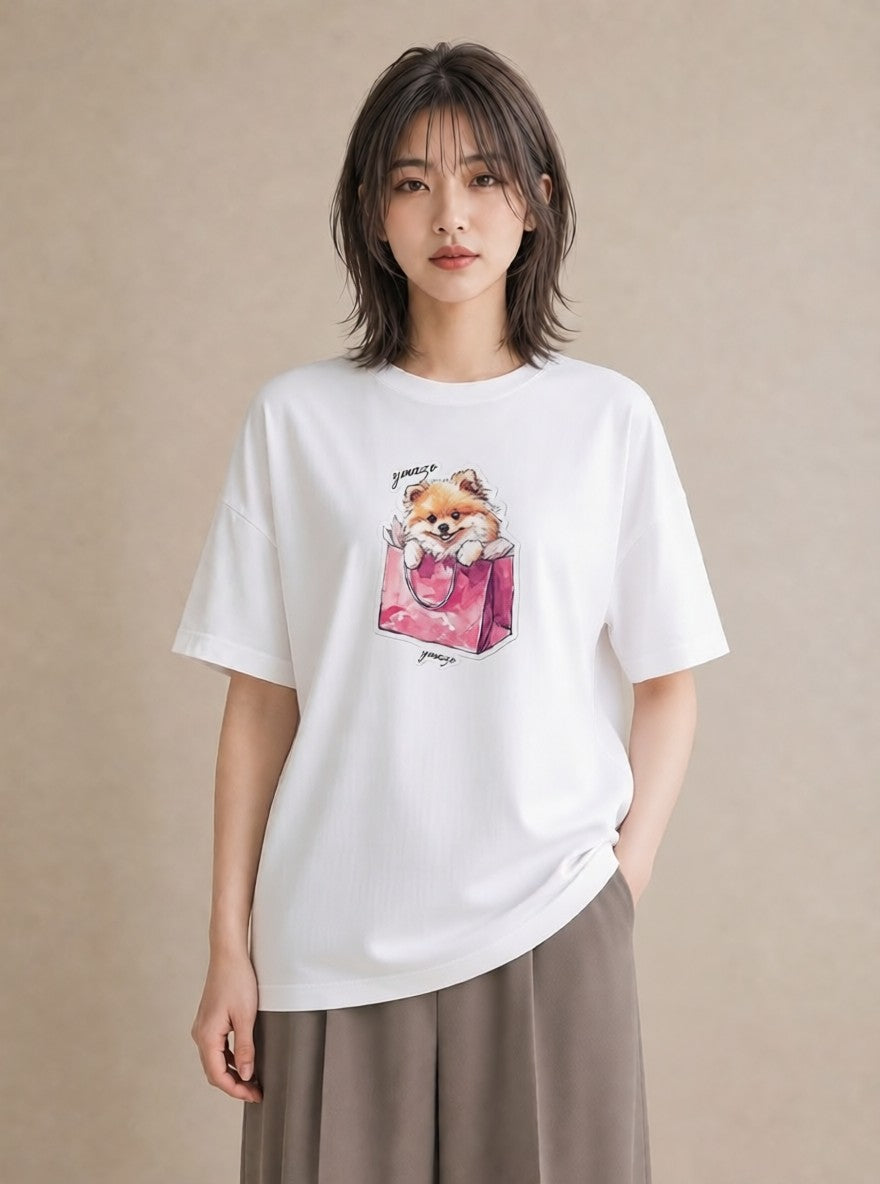 デザインTシャツ レディース ポメラニアン ポメ 犬 いぬ イラスト 北欧風 おしゃれギフト 社会人 白T YMAZO