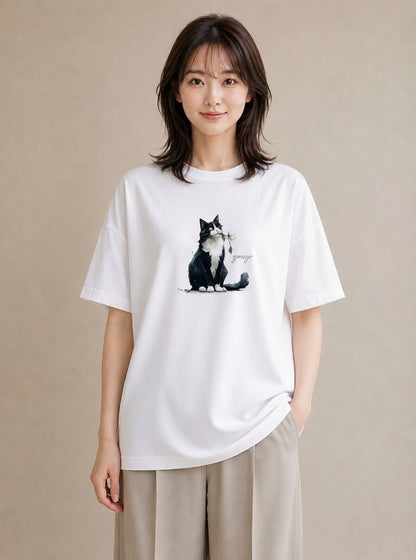 半袖Tシャツ レディース ハチワレ 白黒猫 猫 ねこ イラスト 手描き風 春服 ミセス 白T YMAZO