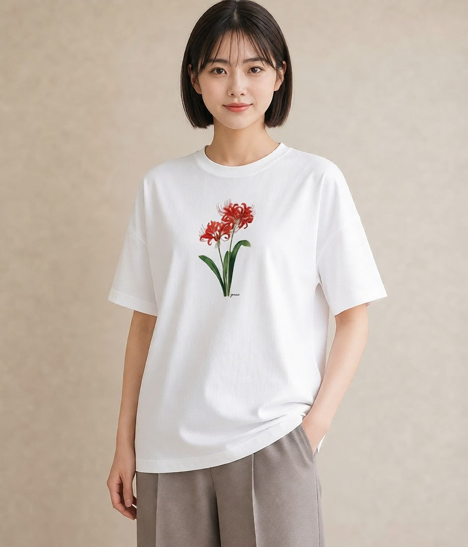 半袖Tシャツ レディース 彼岸花 花 花柄 イラスト 韓国風 レイヤード 友達ギフト 白T