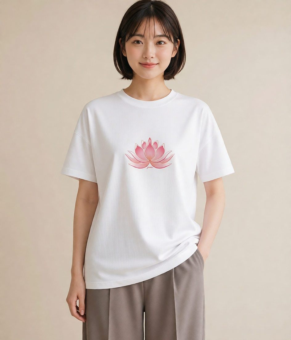 グラフィックTシャツ レディース 蓮 花 花柄 イラスト モード 休日 ペアコーデ 白T YMAZO