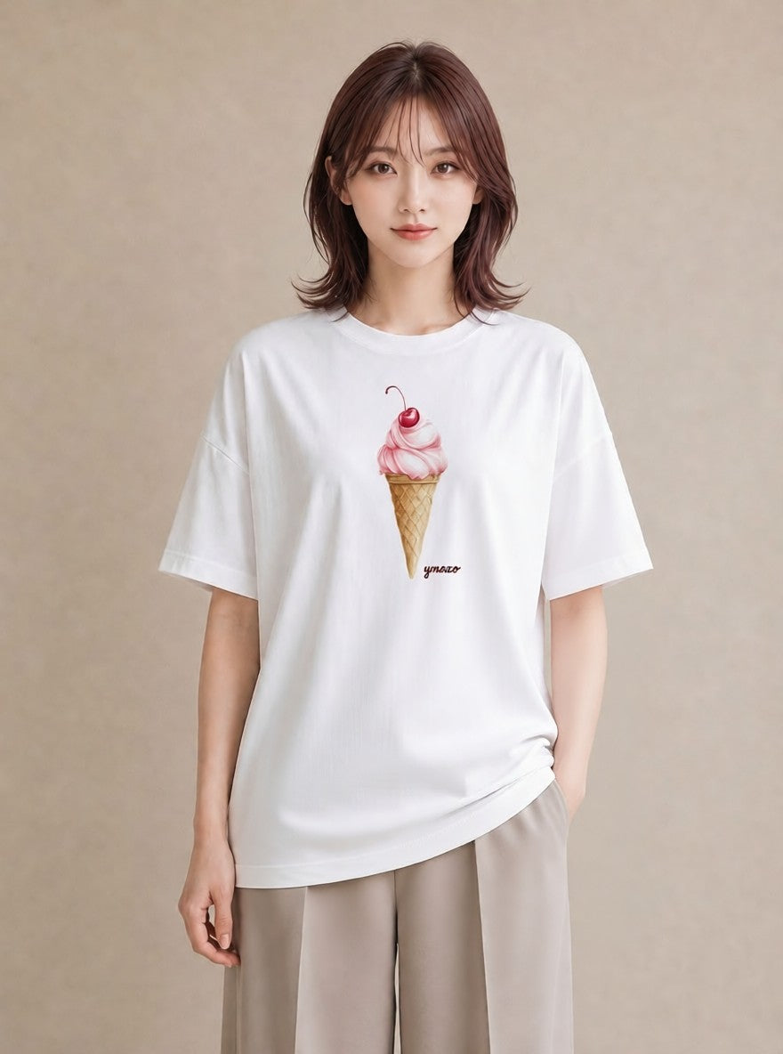 Tシャツ レディース アイス 食べ物 フード イラスト ゆるかわ 海 カフェ巡り 白T YMAZO
