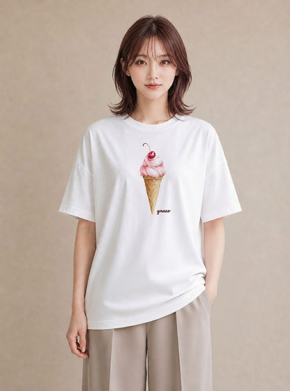 Tシャツ レディース アイス 食べ物 フード イラスト ゆるかわ 海 カフェ巡り 白T YMAZO