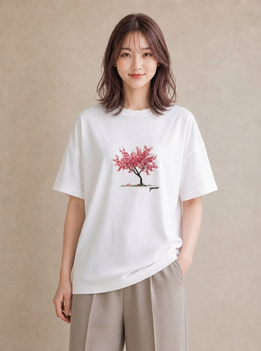 デザインTシャツ レディース 盆栽 植物 ボタニカル イラスト カジュアル ラフ レイヤード 白T YMAZO