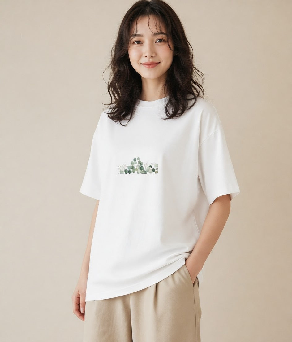 デザインTシャツ レディース ユーカリ 植物 ボタニカル イラスト 韓国風 ママ カフェ服 白T YMAZO