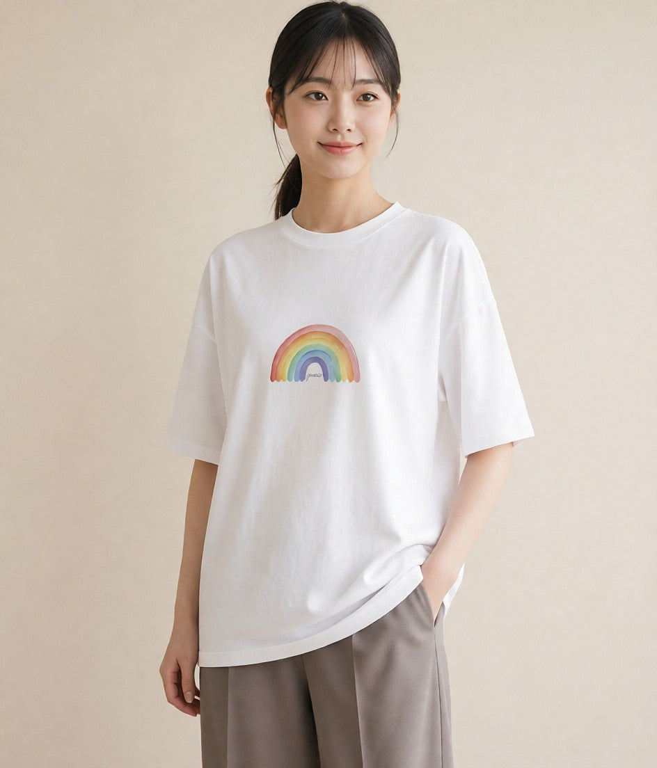 プリントTシャツ レディース 虹 星空 宇宙 イラスト シック カジュアルコーデ 買い物 白T YMAZO