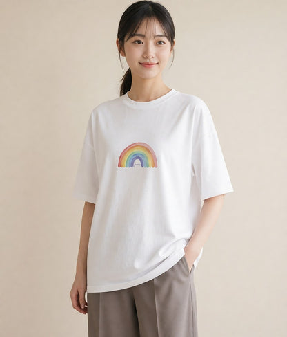 プリントTシャツ レディース 虹 星空 宇宙 イラスト シック カジュアルコーデ 買い物 白T YMAZO