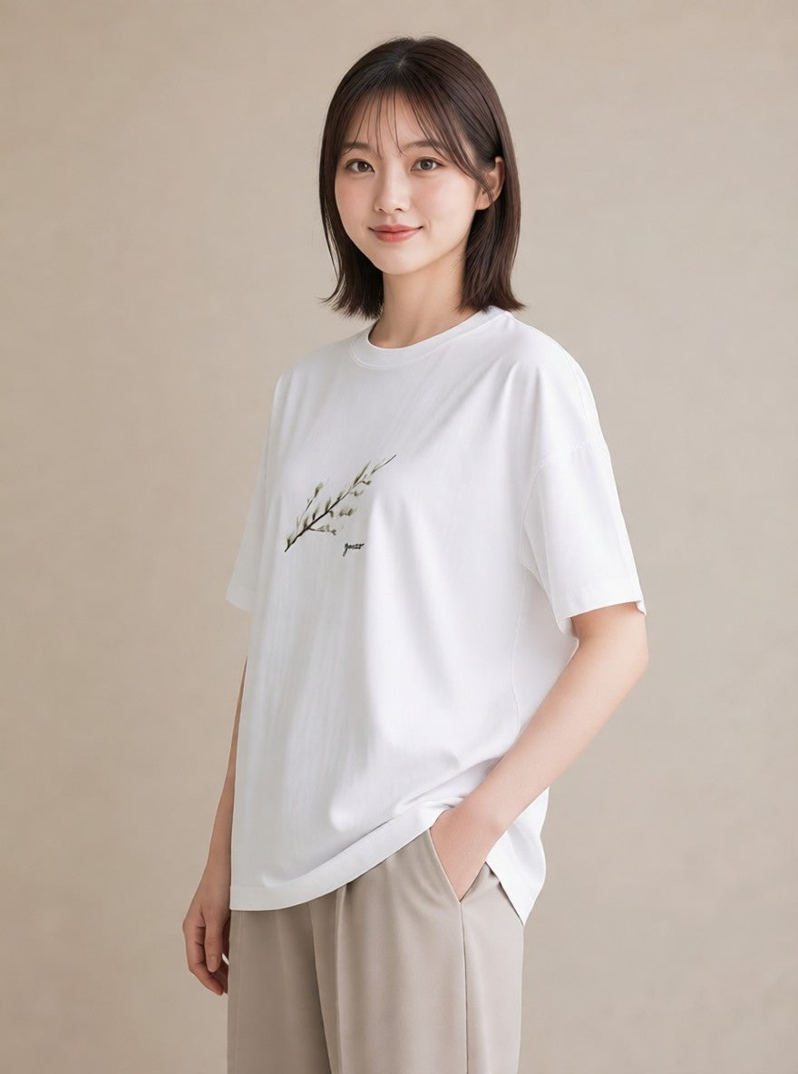 プリントTシャツ レディース ガラス瓶 小枝 ボタニカル ナチュラル アンティーク イラスト ゆるかわ レイヤード 友達ギフト 白T YMAZO