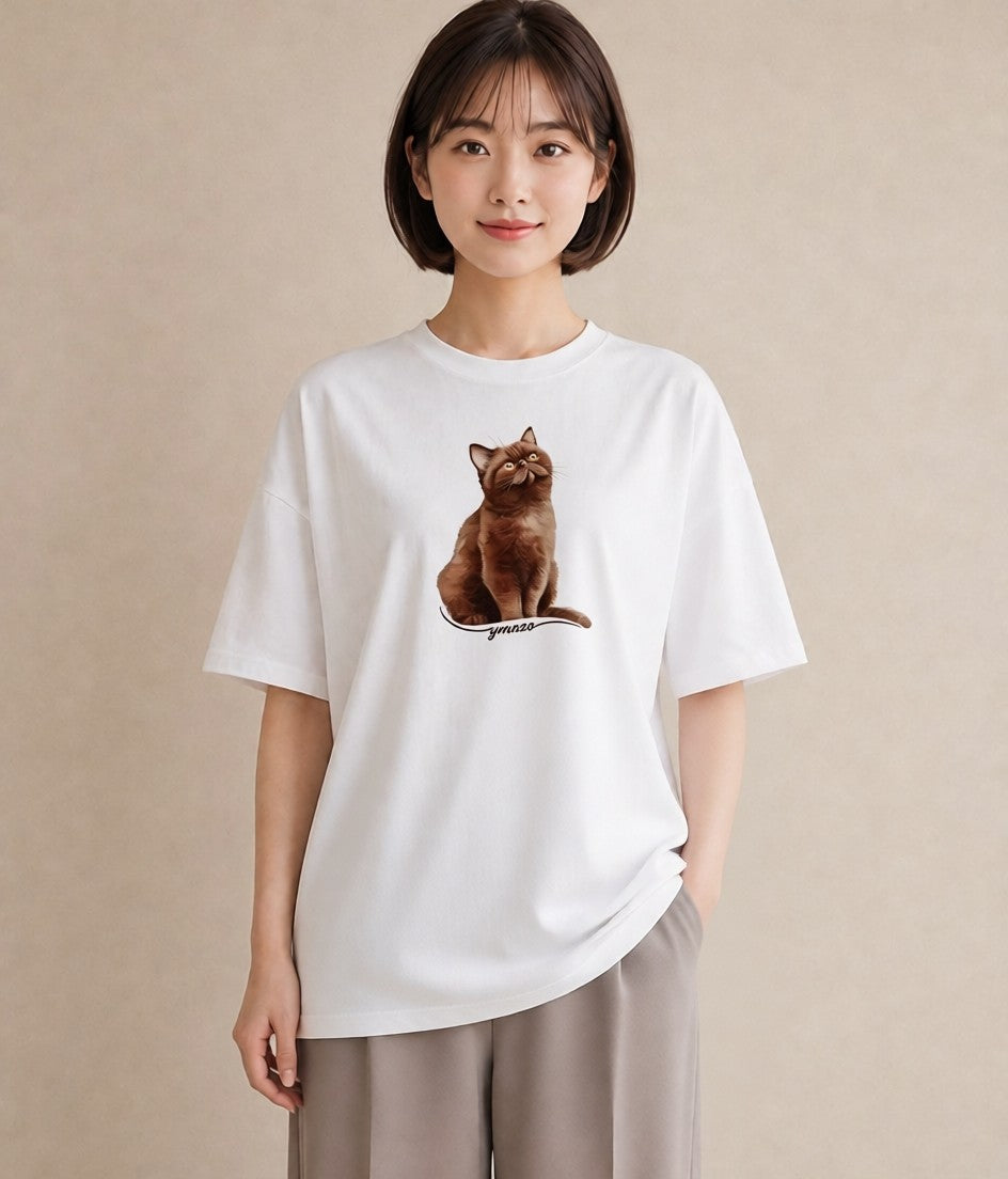 半袖Tシャツ レディース ロシアンブルー 猫 ねこ イラスト 線画 母娘コーデ 自分用 白T YMAZO