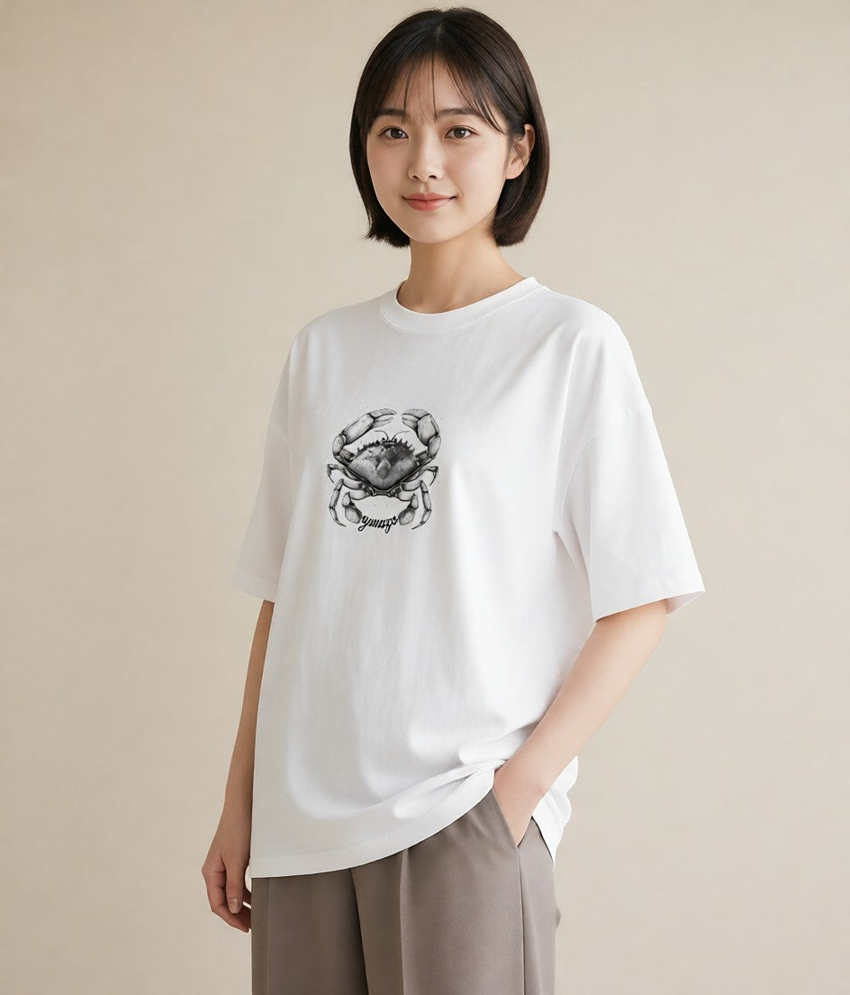 プリントTシャツ レディース カニ 海の生き物 海 イラスト フェミニン 女性 旅行用 白T YMAZO