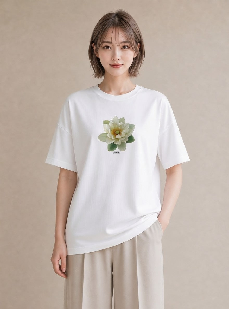 グラフィックTシャツ レディース 蓮 花 花柄 イラスト ゆるコーデ デート 帰省 白T YMAZO